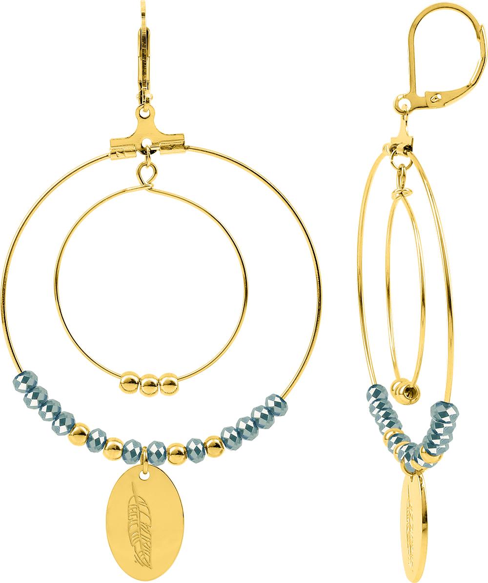 Boucles dormeuses acier doré et cristaux turquoise, référence 435189