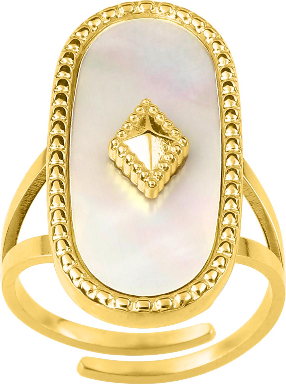 Bague réglable en acier inoxydable doré et nacre blanche, référence Robbez-Masson 437279